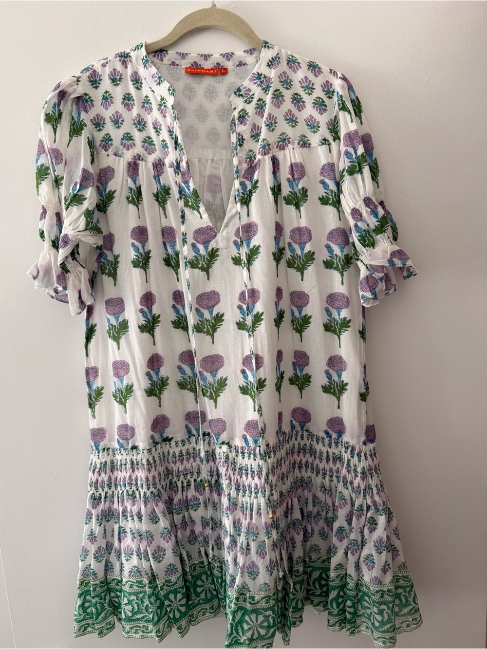Oliphant White Mini Dress with Lavender and Green Floral Print